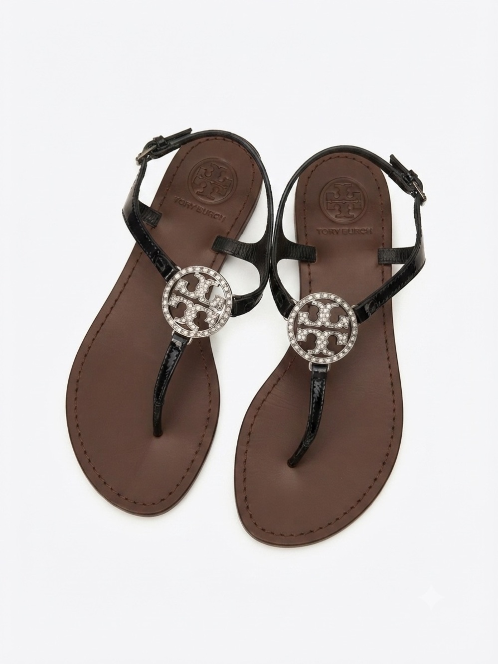 Tory Burch Black Patent Miller Logo Thong Sandals with Crystal Logo - Picture 2 of 3